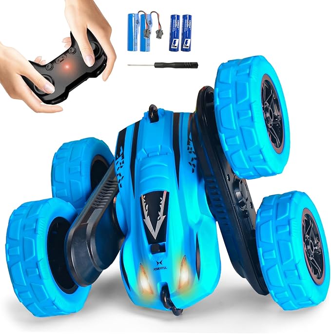 Remote Control Car,Stunt RC Cars Double Sided 360° Rotating RC Crawler,2.4Ghz All Terrain 4WD Off Road Monster Truck Car Toy for Kids Gifts for Boys Girls (F-Blue-Head Light)