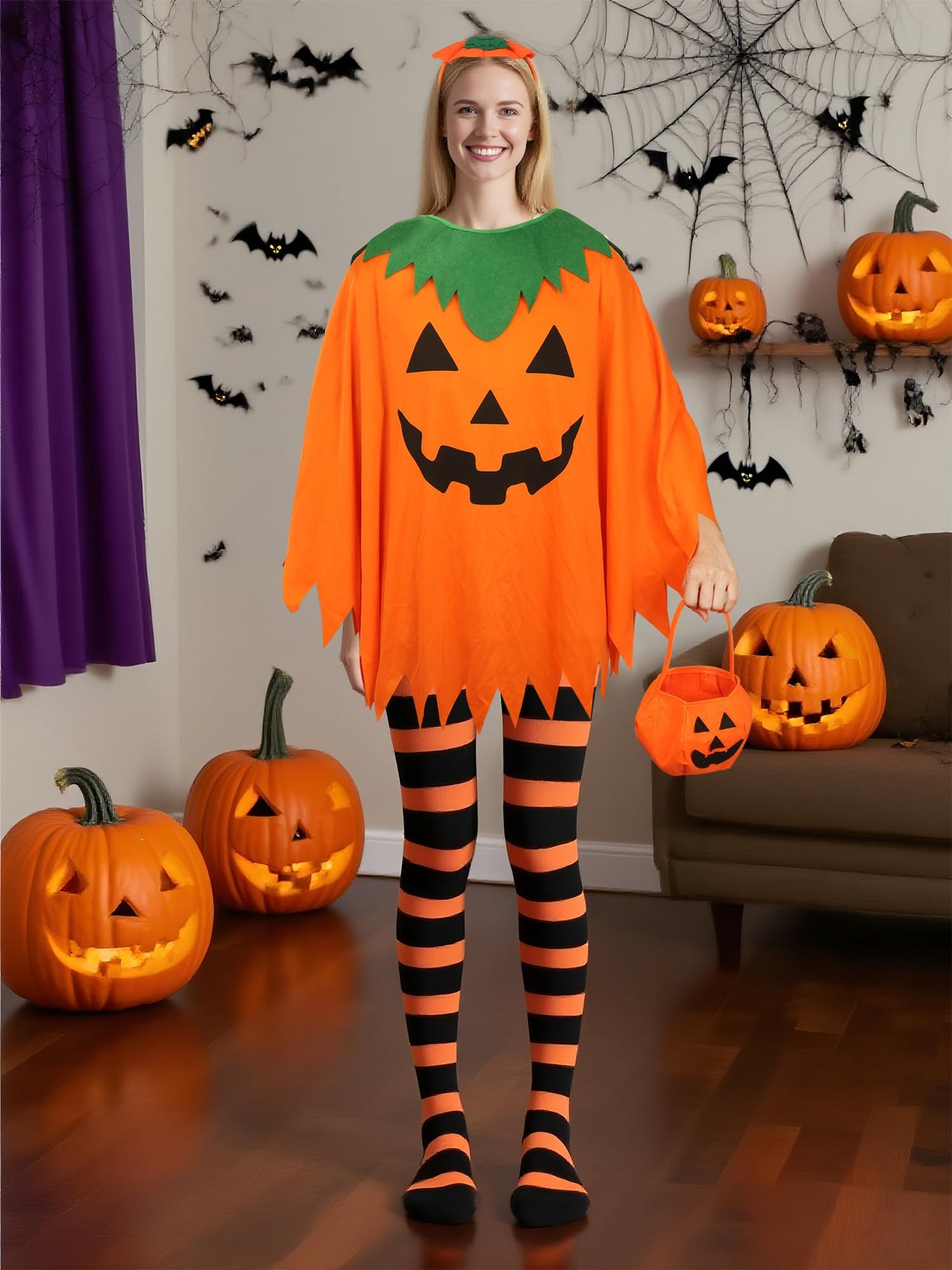 peony man 4 PCS Halloween Costume for Women Pumpkin Costume Set with Pumpkins Poncho Hair Hoop Pumpkin Cape with Candy Bag Headband Striped Tights for Women Adult Halloween Cosplay Party