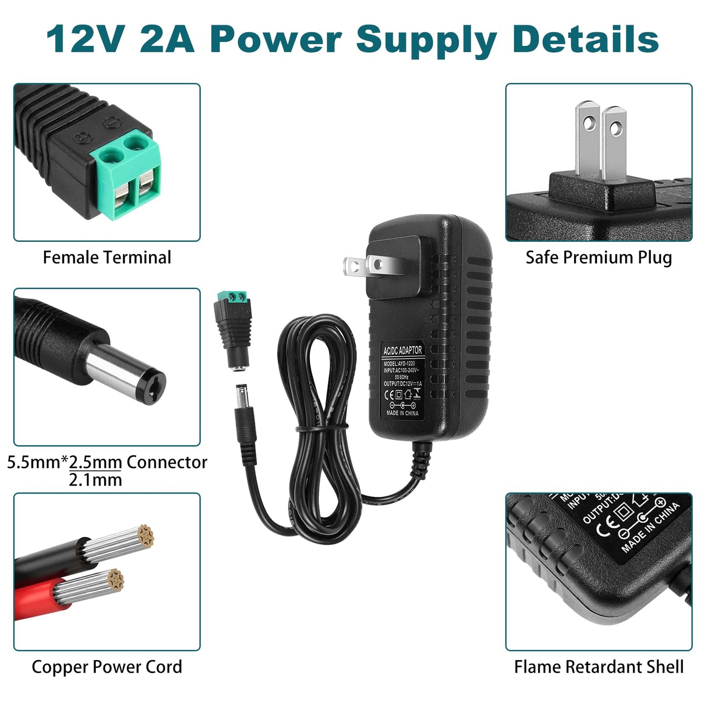 inShareplus DC 12V Power Supply, 5 Pack 12 Voltage 2A 24W LED Wall Power Supplies Adapter, AC 110V to 12 Volt Power Supply for LED Strip Light with 5.5/2.1mm DC Female Barrel Connector