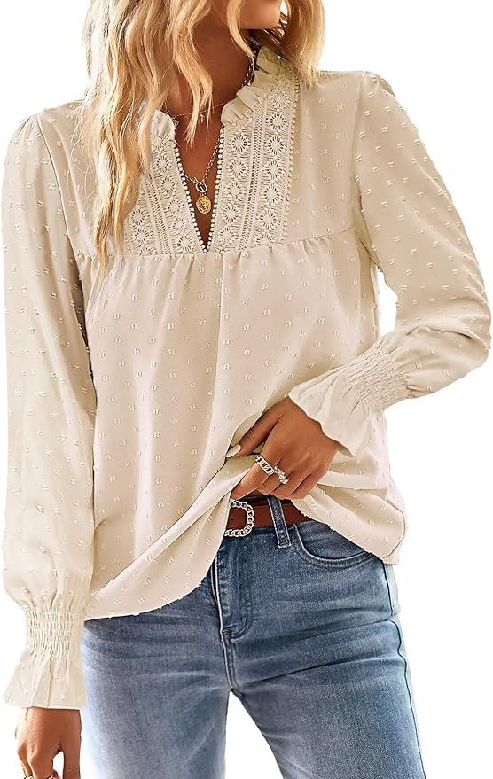 Falechay Boho Tops for Women V Neck Blouses Flowy Swiss Dot Dressy Casual Lace Womens Long Sleeve Shirts Trendy 2026
