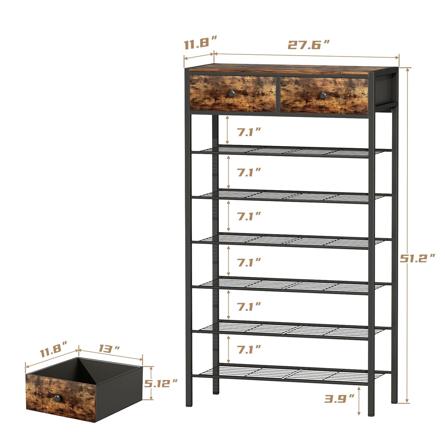 MILEFA 7 Tier Shoe Rack with 2 Drawers, Metal Shoe Organizer for 20 to 28 Pairs of Shoes, Shoe Stand with Steel Frame and Wooden Top, Shoe Shelf for Front Door Entrance, Closet, Rustic Brown
