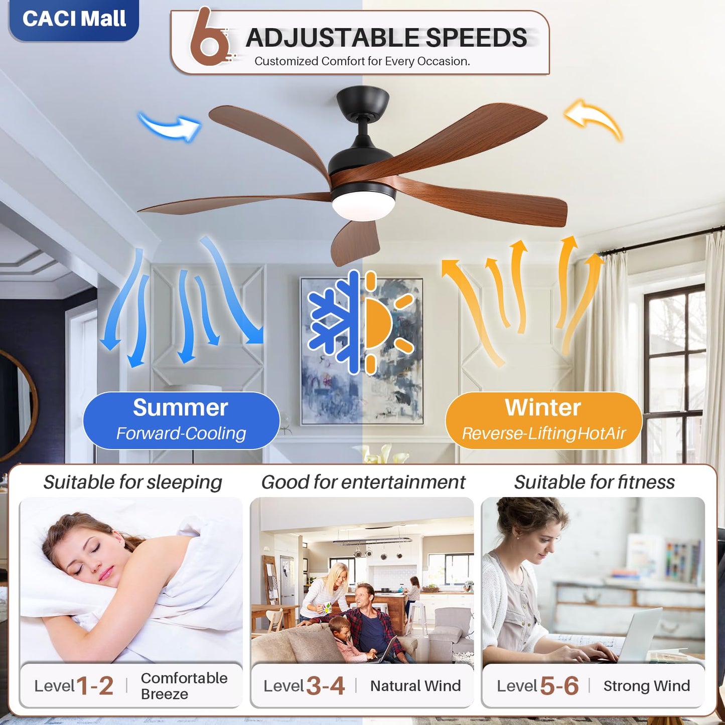 CACI Mall 52 Inch Ceiling Fans with Lights and Remote, modern, Outdoor ceiling fan with 6-Speed, 5 Blades, 2 Downrods, 3 CCT, Timer, Quiet Reversible DC Motor for Living Room, Bedroom, Patios