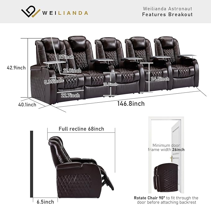 Weilianda Home Theater Seating Top Grain Leather Zero Gravity Recliner Chair Power Headrest Recline Movie Seat Gaming 7 Colors Mood Light Sofa with Tray Table USB Charge Row of 5 Loveseat Left Brown