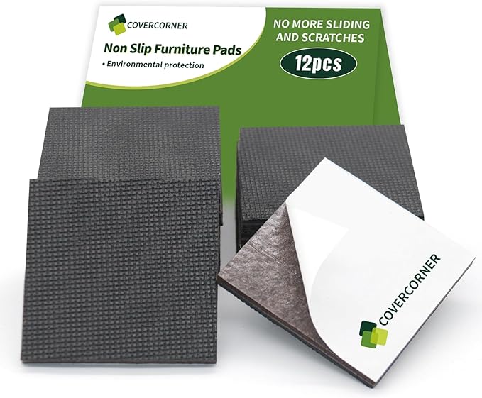 COVERCORNER Non Slip Furniture Pads 12 PCS 3'' Square - Anti Slip Furniture Pads - Self Adhesive Rubber Feet Furniture Feet - Chair Leg Floor Protectors - Keep Furniture in Place
