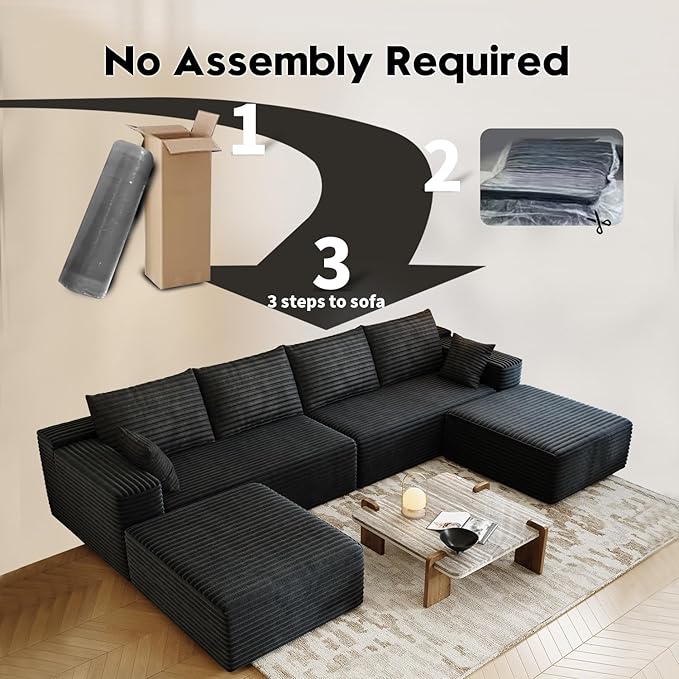 139.4" Modular Sectional Sofa, U-Shaped Minimalist Couches with 2 Ottomans Chaise, Modern Deep Seat Convertible Sleeper Sofa Bed,Cloud Plush Corduroy Fabric, No Assembly Required, 6 Seater, Black