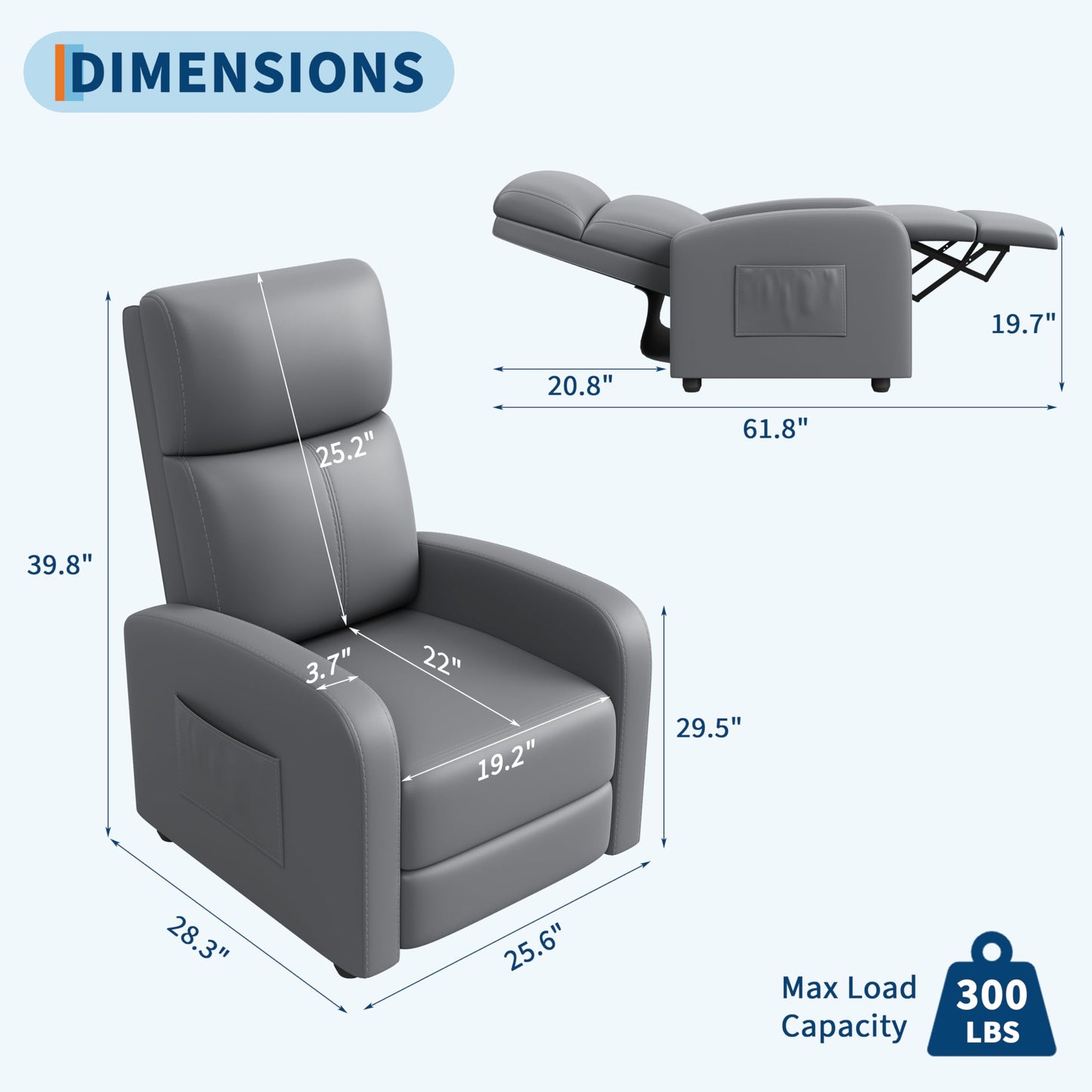 Recliner Chair for Adults, Adjustable Single Sofa with Side Pocket Tall Back Wide Arms Padded Seat, Home Theater Seating for Living Room,Gray