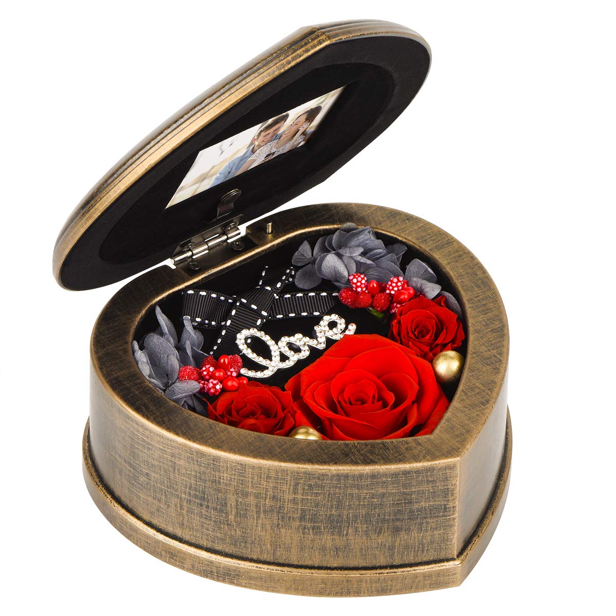 Neaticoo Handmade Preserved Flowers 3 Real Red Rose in Musical Box with Photo Frame, Long Lasting Fresh Flower Gifts for Wife Her Girlfriend on Valentine's Day Anniversary Birthday Red