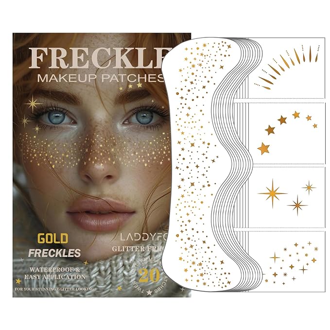20 Pcs Gold Face Makeup Patches, Glitter Freckles Face Tattoo Gold Makeup, Glitter Freckles, Sparkle Makeup Patches, Water...