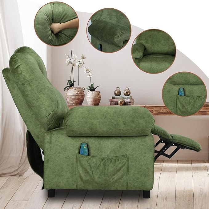Pushback Massage Recliner Chair with Heat, Fabric Heated Massaging Reclining Chair Single Sofa for Adults, Mid Century Small Push Back Manual Recliner for Living Room,Green