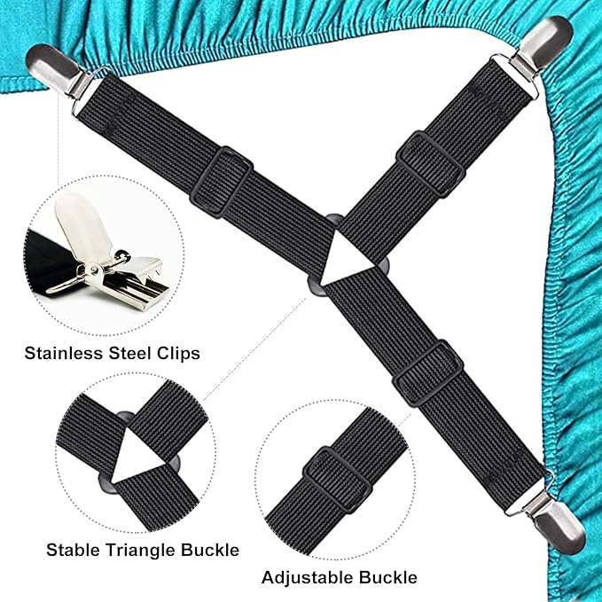4 PCS Fitted Bed Sheet Straps - Elastic Suspenders with Metal Clips for Bed Sheets, Mattress Covers, Sofa Cushions - Adjustable Fasteners to Keep Sheets Wrinkle-Free (Black-4pcs)