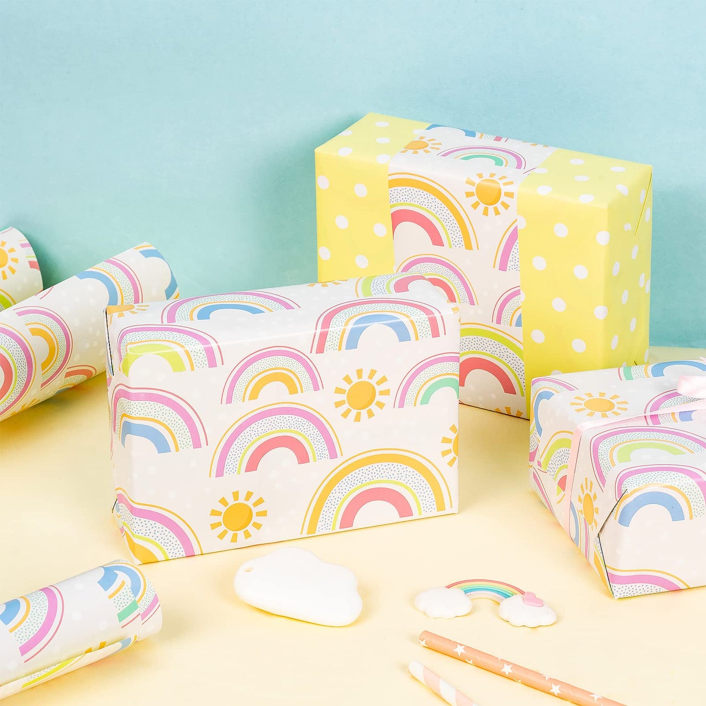 WRAPAHOLIC Jumbo Reversible Baby Shower Wrapping Paper - 30 Inch x 33 Feet - Rainbows and Polka Dot Design for Neutral Baby Shower, Boys Girls Kids Birthday