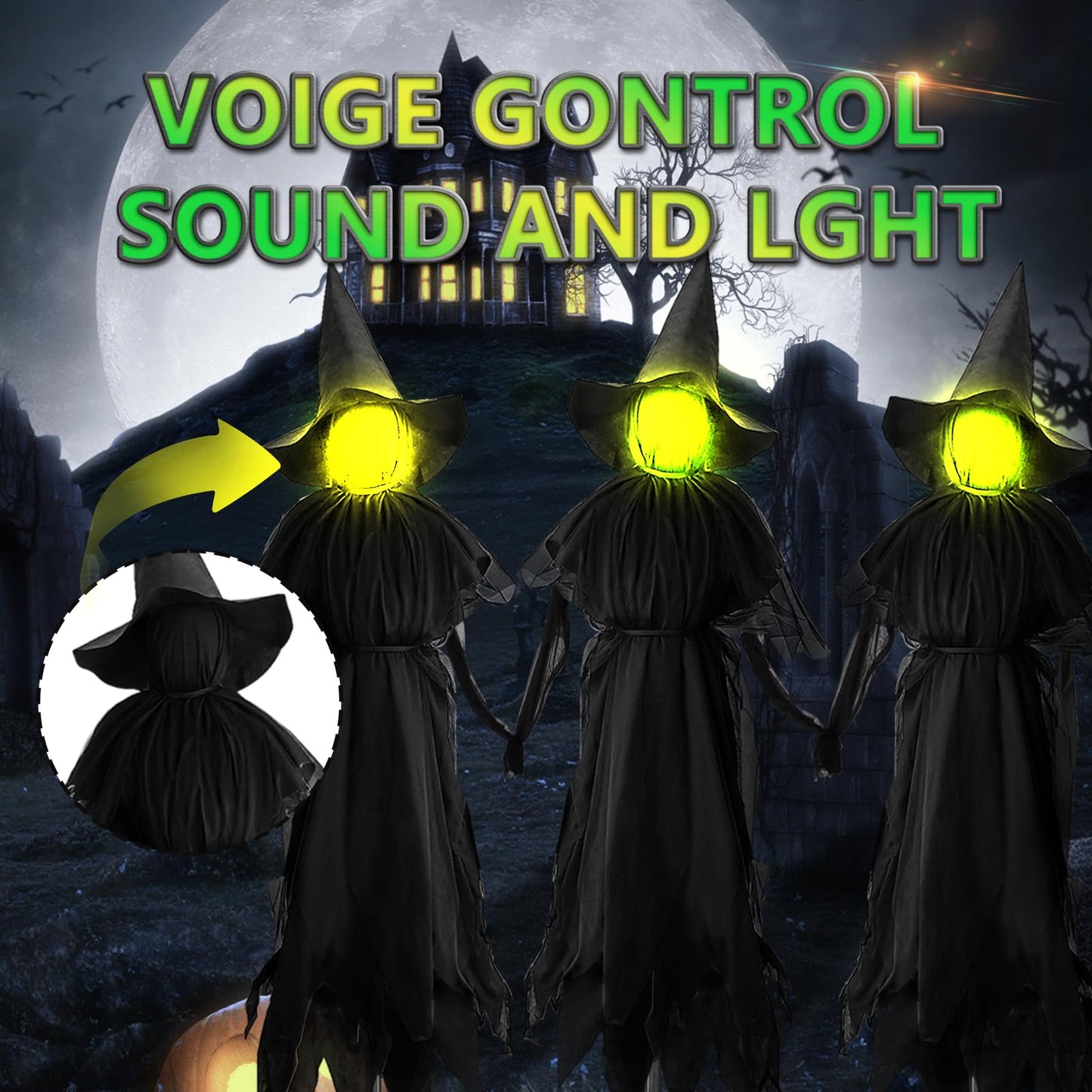 Halloween Witches Outdoor, 3 Light Up Witches Holding Hands with Stakes, Witch Decorations with Glowing Face for Yard Garden Outside Lawn Porch