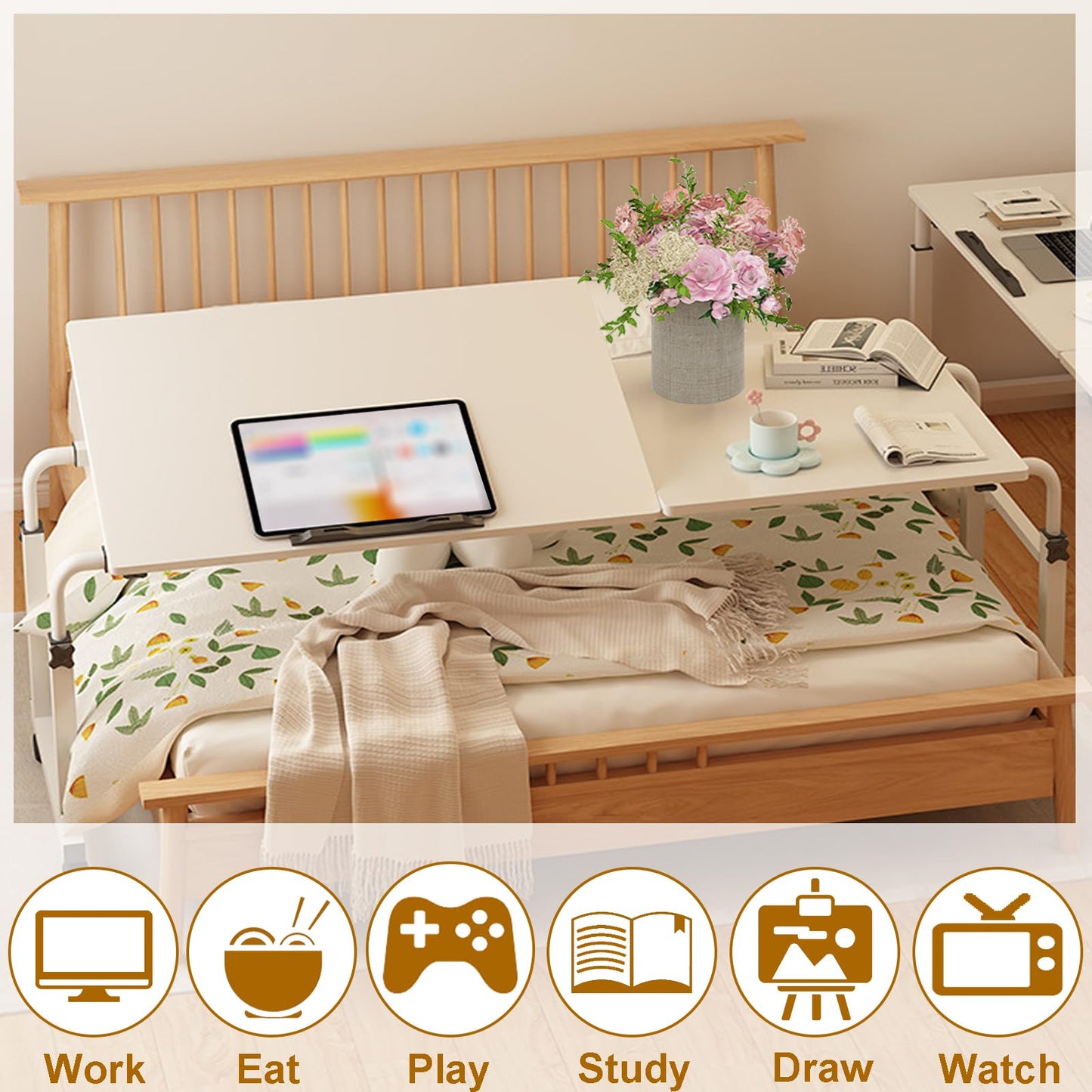 ApexRoam Overbed Desk with Wheels, Adjustable Height Over The Bed Table, King Queen Mobile Over Bed Desk, Overbed Table with Tiltable Tabletop for Laptop and Bedroom Work (White, 47 * 16IN Tiltable)