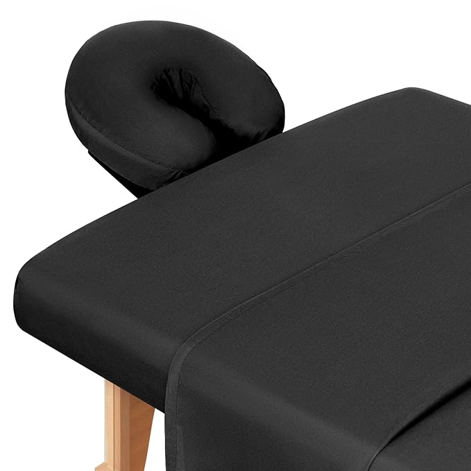 Comfyanno Massage Table Sheets Sets, 3 Pcs Professional Microfiber Massage Bed Cover Sheets, Soft, Light-Weight, Stain & Wrinkle Resistant, Includes Flat & Fitted Sheet, Face Cradle Cover - Black