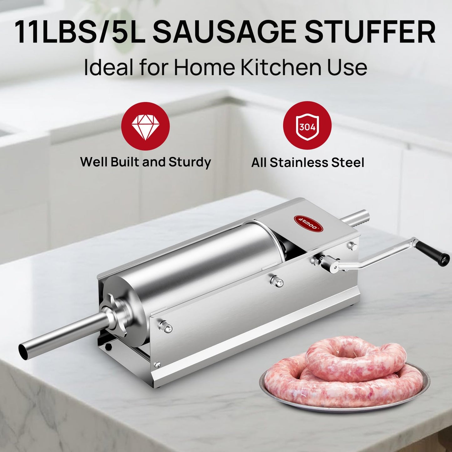 ARINOO Horizontal Sausage Stuffer 5L / 11LBS,Manual Sausage Stuffer Machine,Stainless Steel Dual-Speed Sausage Maker with 4 Stuffing Tubes for Home & Commercial Use