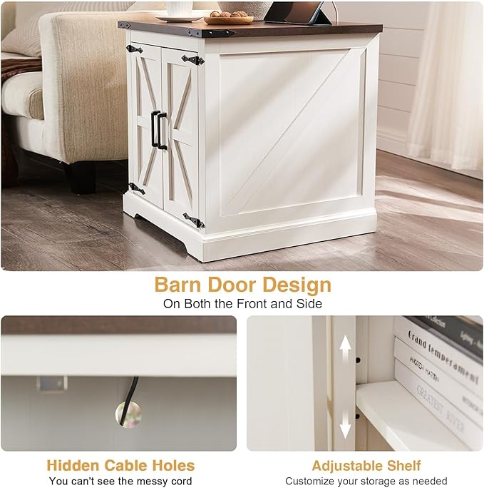 Barnyatoh Farmhouse End Table with Charging Station,24" Large Side Table with Barn Door, Rustic Wood Square Nightstand Bedside Table with Adjustable Shelf for Living Room, Bedroom,Antique White 2-Pack
