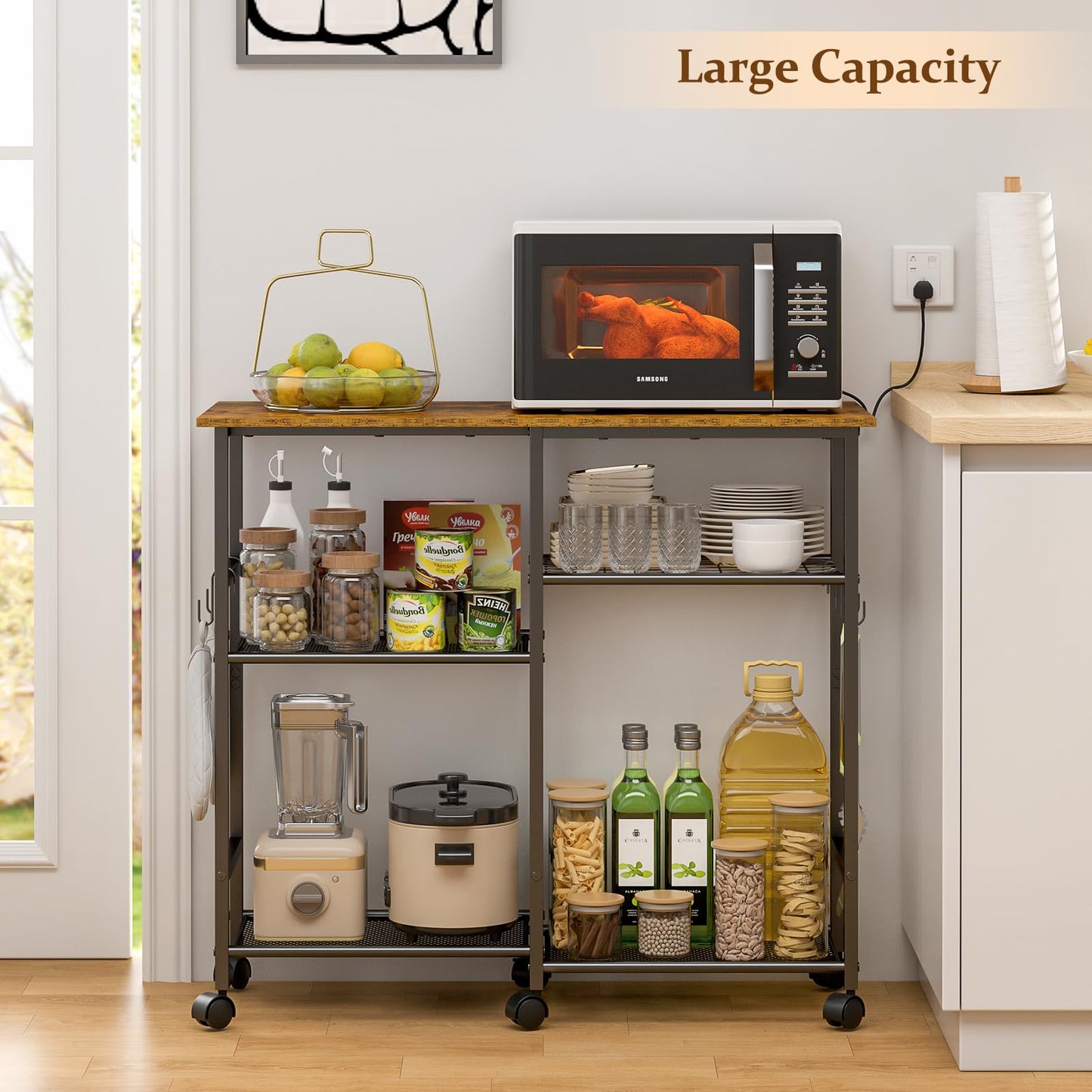 ThreeHio Kitchen Microwave Cart, Microwave Stand with Adjustable Shelf, Coffee Bar Stand Kitchen Baker's Rack with Wheels Rolling Storage Cart Organizer Shelf for Living Room, Office, Balcony
