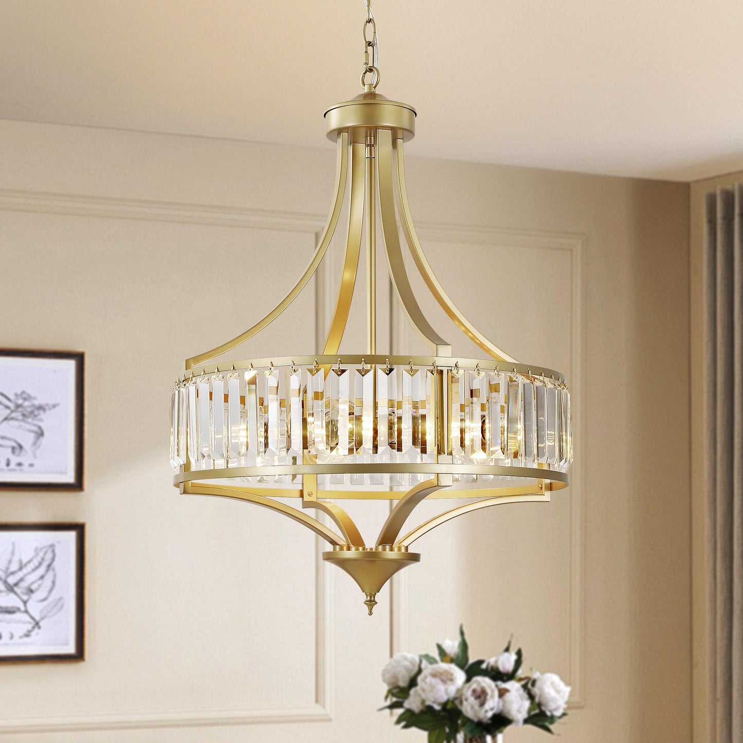 CNRATYE 20" Modern Crystal Chandelier, 5-Light Gold Dinning Room Light Fixtures Over Table, Hanging Round Pendant Chandelier for Kitchen Island Entryway Bedroom Office Bathroom Stairwell