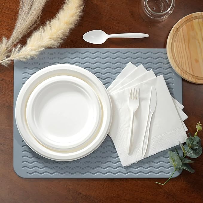 300Pcs Compostable Paper Plates Set, Eco-friendly Heavy Duty Plates & Biodegradable Utensil Include Forks,Knives,Spoons, Napkins, Disposable Dinnerware Set for Party (White)