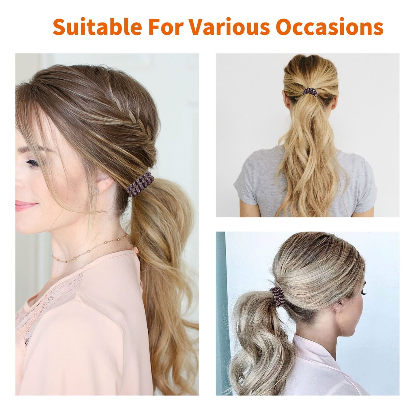 Spiral Glitter Rose Gold Plastic Hair Ties (12 Pcs) - Coil Ponytail Holders for Thick Hair, No Crease Phone Cord Hair Ties for A