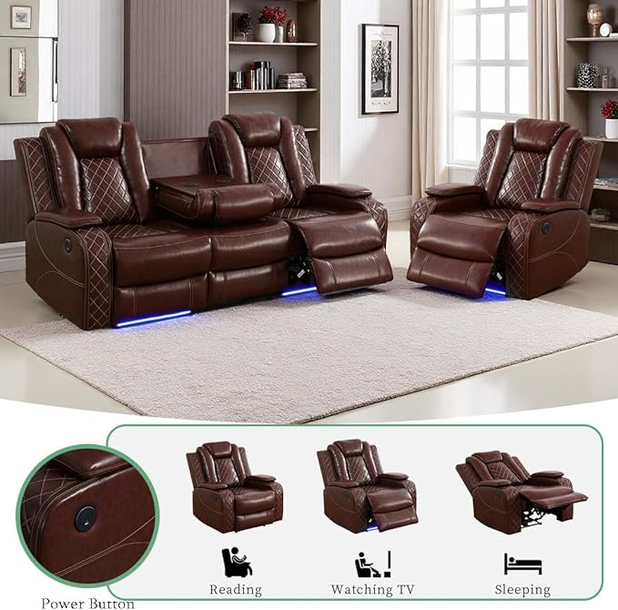 Dekmxas 2-Piece Power Recliner Sofa Set, Living Room Furniture Sets, Brown Leather Power Reclining Sofa Set with 3 Recliner Seats/Storage Console/Cup Holder/LED Light for Home/RV/Bedroom/Living Room