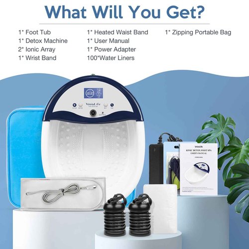 VnioLife Ionic Foot Bath Detox Machine, Ion Detox Foot Bath Cleanse, LED Display Spa with Heated Belt, Wrist Strap, Arrays, Liners (Portable Handbag)