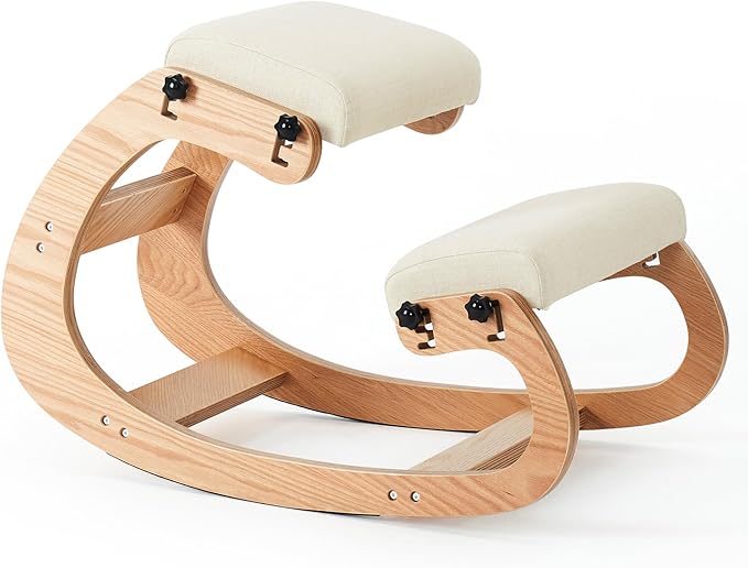 HoeuThien Ergonomic Kneeling Chair, Adjustable Rocking Office Chair Wooden Knee Chair Posture Chair for Home Office Back Pain Relief, Beige