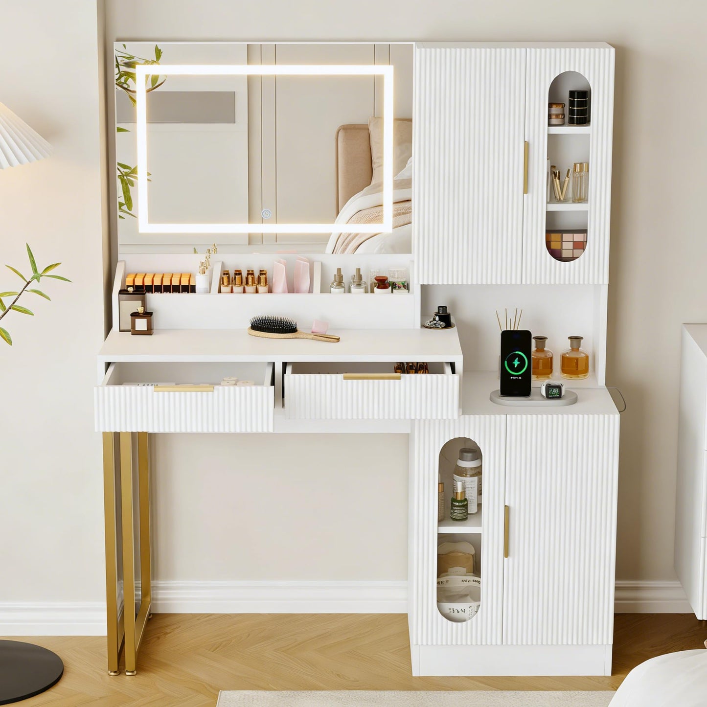 IDEALHOUSE Fluted Vanity Desk with Mirror and Lights, 45" Makeup Vanity with Large Cabinets, Drawers, Dressing Table with 3 Color Lighting Modes, Built-in Charging Station for Bedroom, White