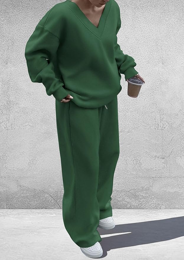 PRETTYGARDEN Casual Winter Two Piece Sets for Women 2026 V Neck Sweatshirt Loose Wide Leg Pants Tracksuit Knit Fall Outfits
