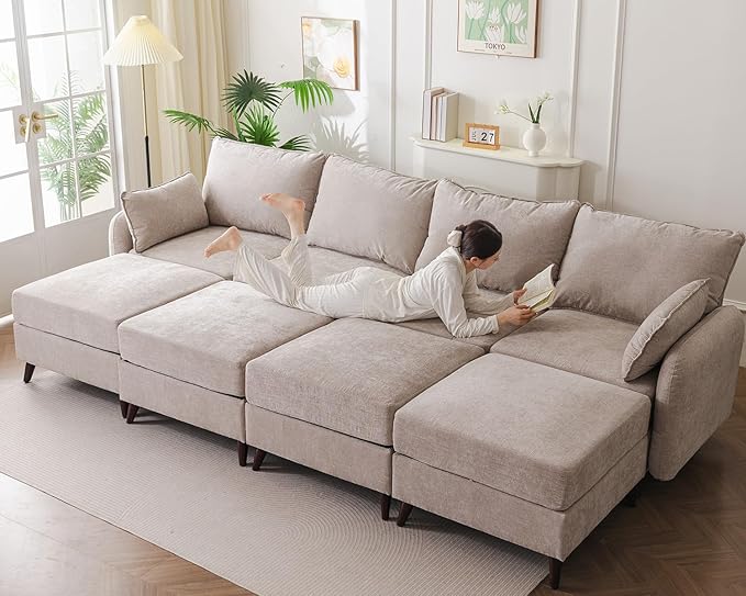 Rexulqo 135'' Modular Sectional Sofa with All Seats Storage, Oversized Sleeper Sofa Bed for Living Room,4-Seater Comfy Cloud Couches with Movable Ottoman,Big Sectional for Bedroom,Velet,Khaki