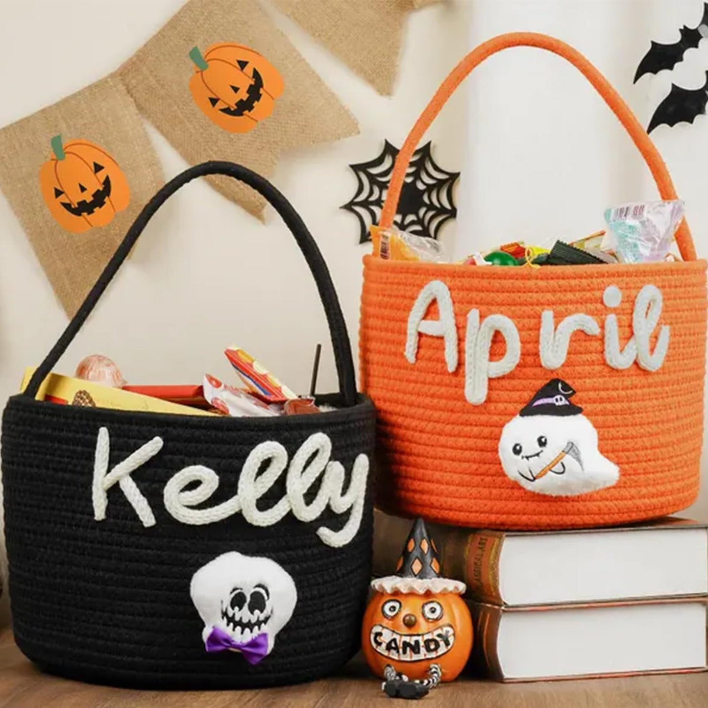 Personalized Halloween Basket for Kids Custom Trick or Treat Bag with Name, Handmade Candy Tote, Embroidered Pumpkin or Ghost Bucket Ideal Halloween Gift or Costume Accessory