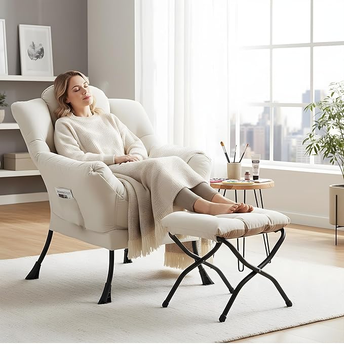 Furlide Lazy Chair with Ottoman, Comfy Fabric Accent Lounge Arm Chair with Lumbar Pillow and Folding Footrest, Reading Leisure Sofa Chair for Bedroom, Living Room, Dorm,Beige
