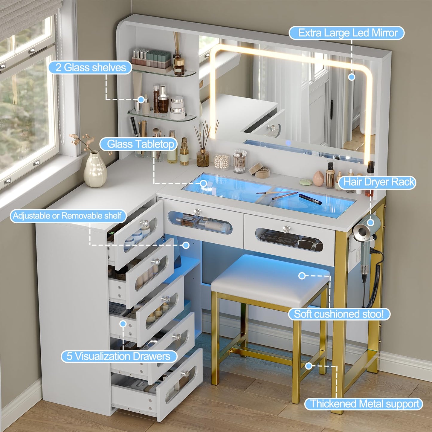 CollaredEagle Vanity Desk with Mirror and Lights, 43" Big Modern Vanity Desk, Transparent Top Vanity with 2 RGB Drawers, with Power Outlet & Stool, Modern Ample Storage Dressing Table, White