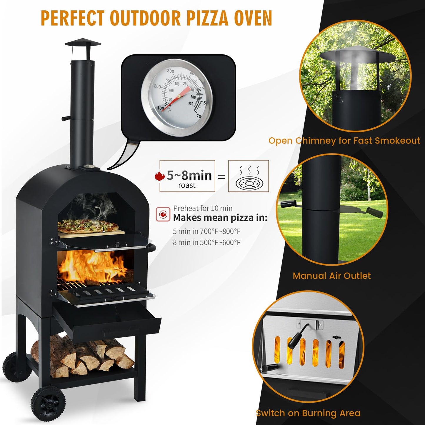 Happygrill Outdoor Pizza Oven Wood Fired, Portable Pizza Maker Grill w/Stone, Peel, Cooking Grids, Built-in Thermometer, Waterproof Cover, Wheels for Barbecue Backyard Camping