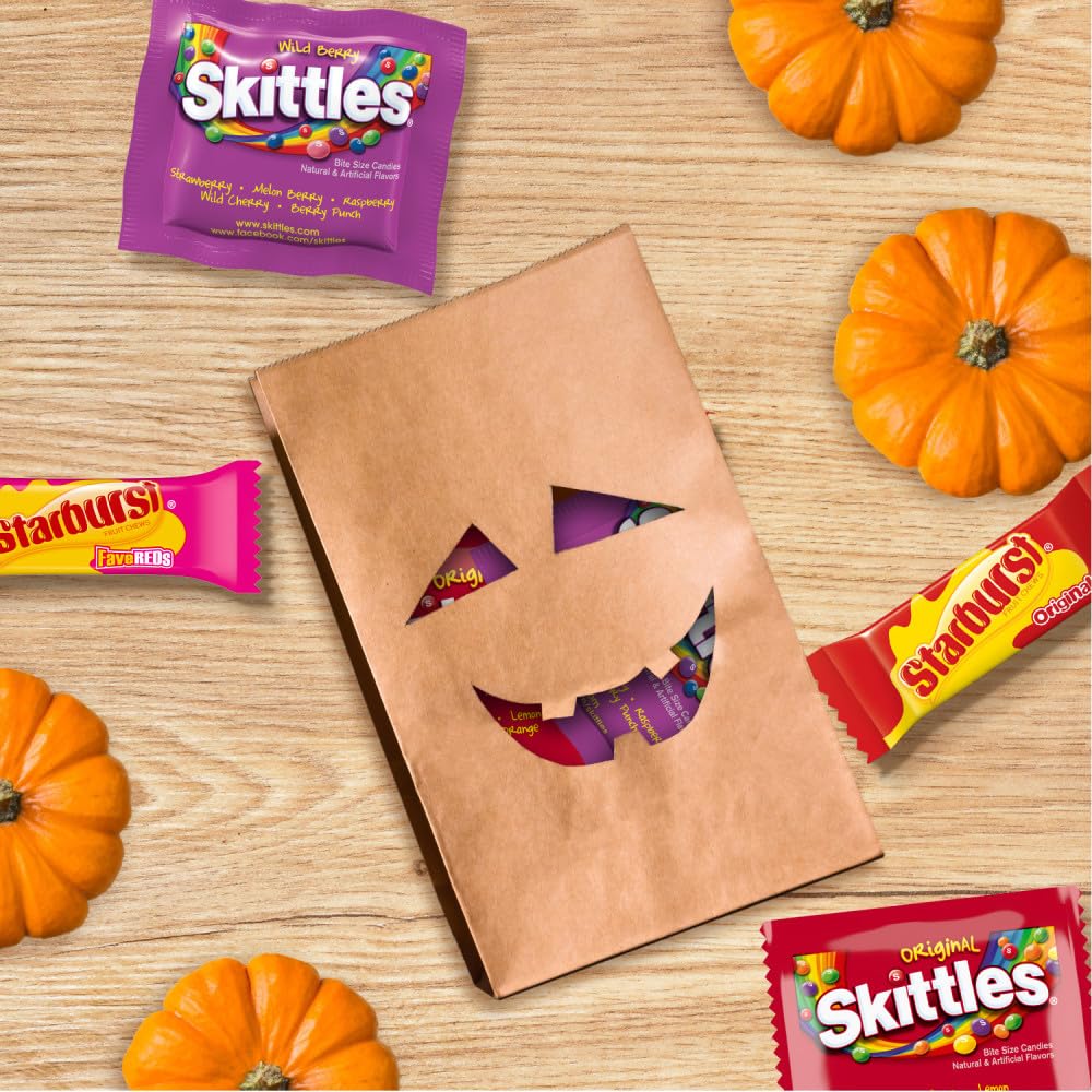 SKITTLES Original, SKITTLE Wild Berry & STARBURST Original and STARBURST FaveRed Fruity Halloween Chewy Candy Fun Size, 20.13 Oz Bulk Bag
