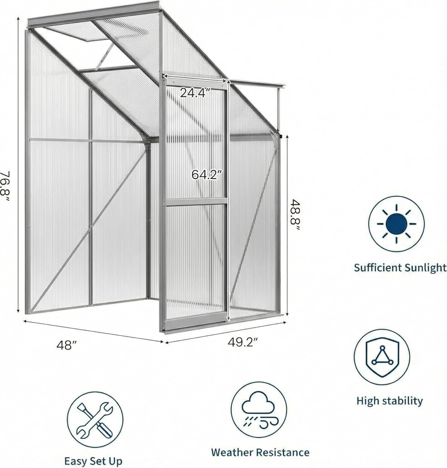 MilleLoom 4x4 Ft Greenhouse, Lean-to Polycarbonate Greenhouse with Quick Setup Structure, Roof Vent&Sliding Door, Aluminum Walk-in Green House for Outside Garden Backyard, Patio, Lawn, Silver