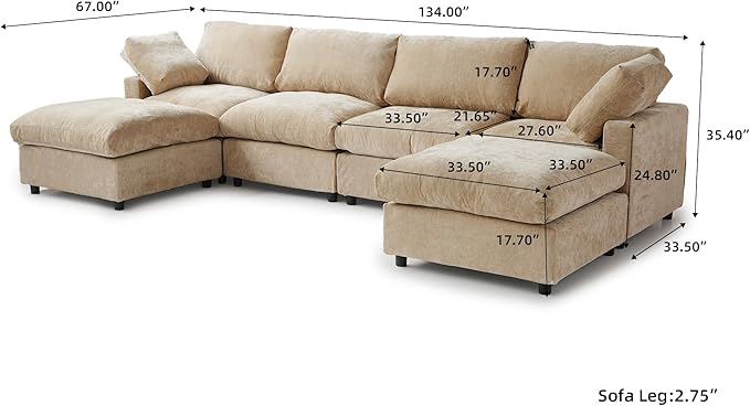 WJShome Cloud Couch Modular Sectional Sofa, 134" U Shaped Couch for Livingroom, Oversized Convertible Wide Seater with 2 Ottomans Living Room Set, Covers Washable&Replaceable,Khkai