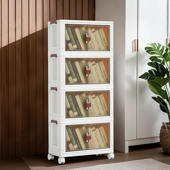 Large Storage Bins with Lids, 4-Tier Storage Bins with Wheels, Clear Plastic Stackable Organizer Boxes, 250 QT Capacity, Save Space, White (4 Tier, 23.6″)