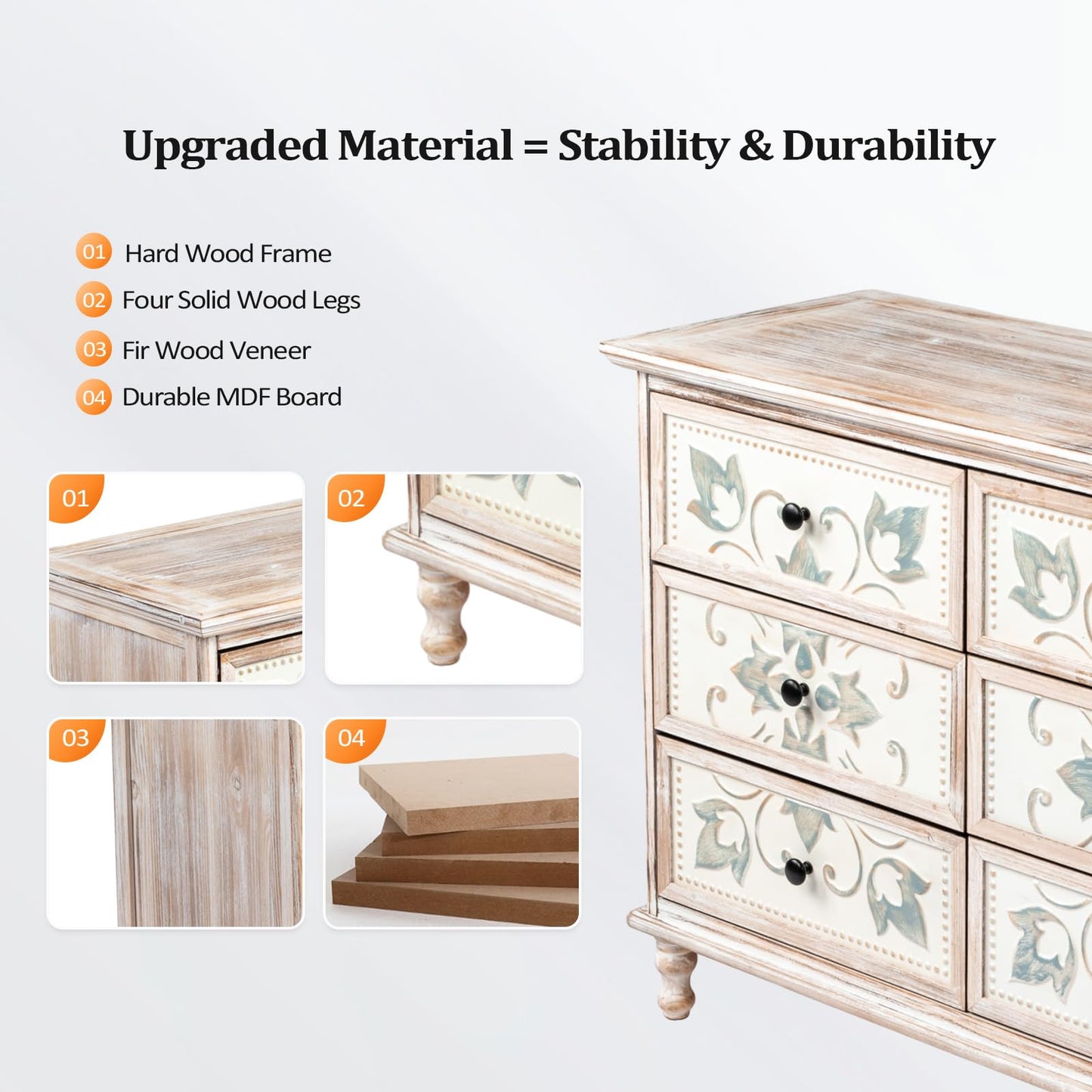 VINGLI Wash White Dresser for Bedroom, 6 Drawer Dresser Chest of Drawers, Boho Dresser Wooden, French Country Dresser with Carved Flower Pattern Drawers & Solid Wood Legs