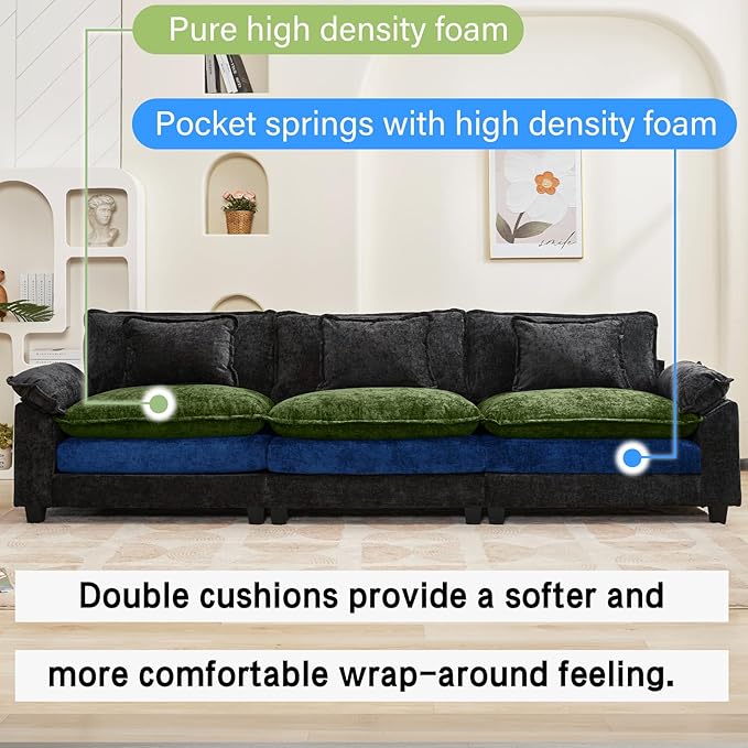 Oprisen 120" Modular Sectional Sofa, Comfy Cloud Couch Sectional Sofa, Chenille Sofa Sleeper Deep Seat Sofa with Throw Pillows for Living Room (Black, 120"- 3 Seater)