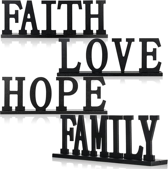 4 Pieces Love Faith Hope Family Wood Word Sign Black Wooden Cutout Letter Table Decor Rustic Letter Tabletop Decoration Fr...
