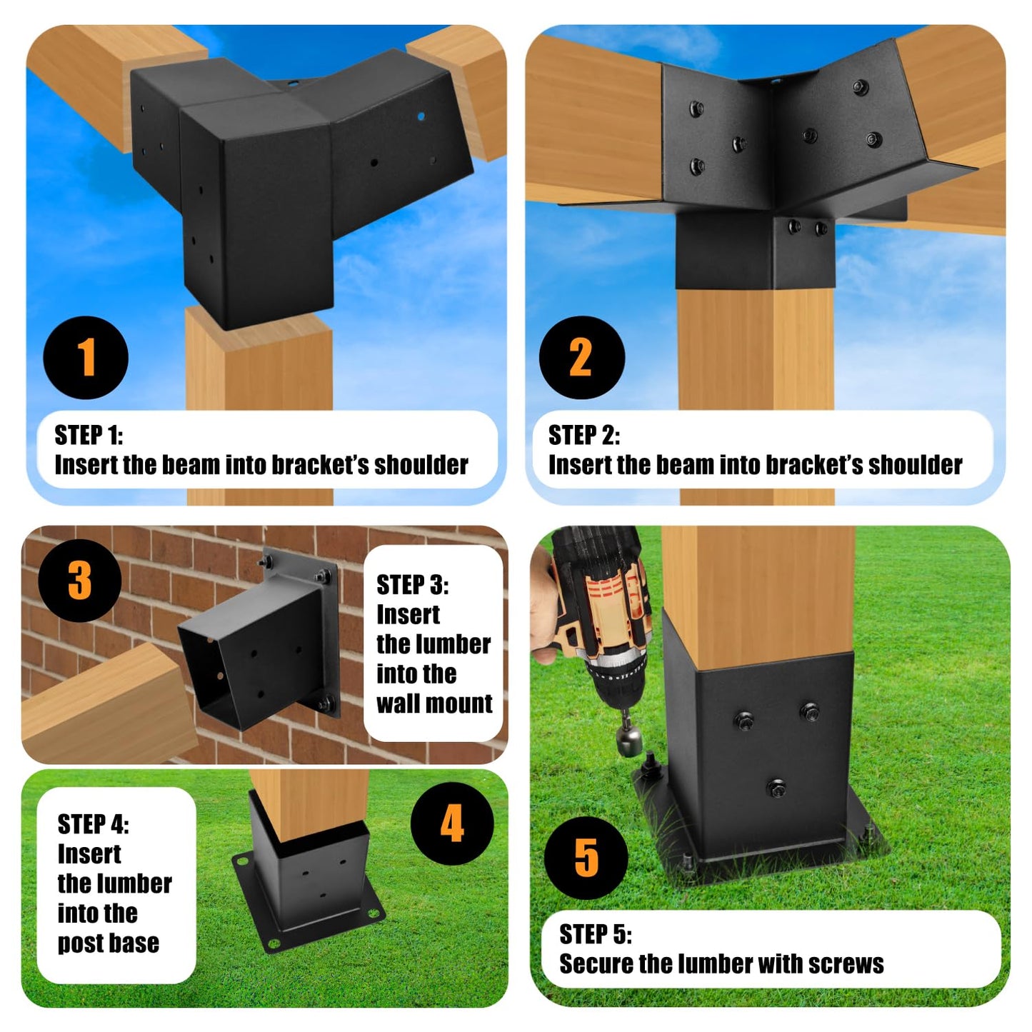 Pergola Kit, 15° 3-Way Slanted Roof Pergola Bracket Set, Roof Wall Mount Extension Bracket 4" x 4" (Actual 3.5" X 3.5") - Set 9