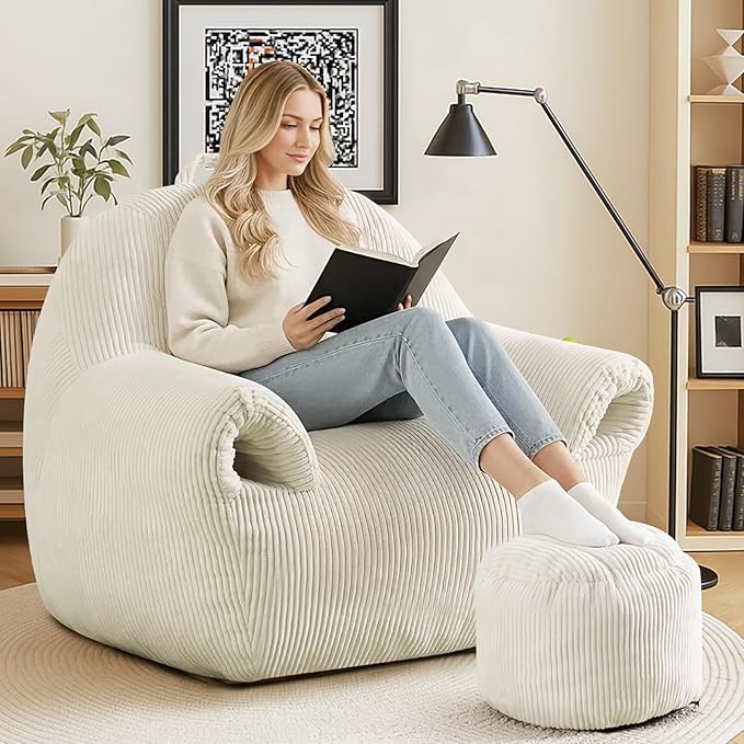 Peace nest Bean Bag Chair with Memory Foam Filled Ultra Soft Corduroy Cover for Adults Comfy Fur Bean Bag Chairs with Armrests Ottoman for Bedroom Living Room Office Dorm Reading Beige