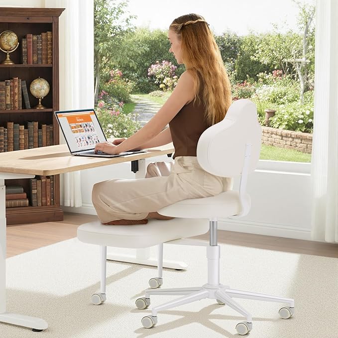 Cross Legged Office Chair with Wheels for ADHD, Ergonomic 360° Swivel Height-Adjustable Meditation Chair for Yoga, Kneeling Chair with 4 inch seat Cushion and Lumbar Support, PU Leather, Off White