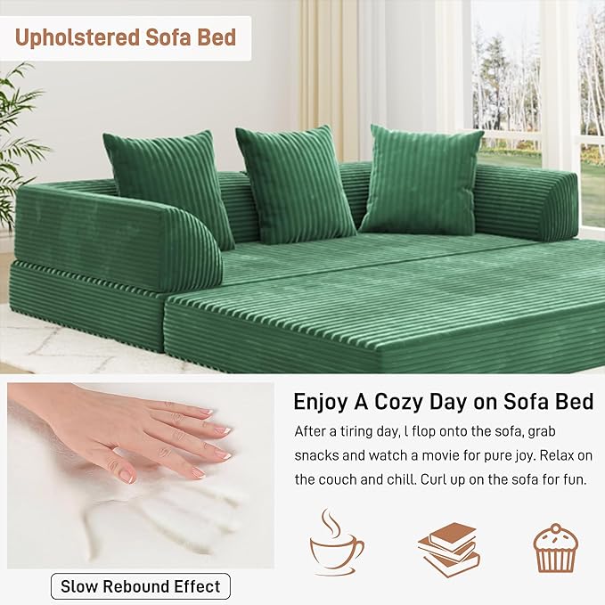Folding Convertible Sofa Bed with 3 Pillows, 79 " Corduroy Boneless Couch with Armrest Pockets, Lounge Loveseat Sleeper with Pull Out Bed, Memory Foam Compressed Sofa for Living Room Bedroom, Green