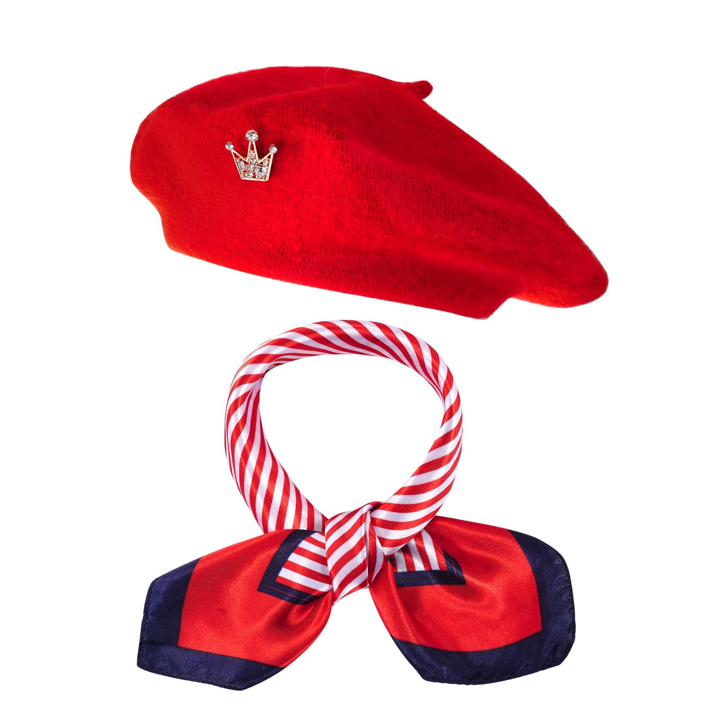 choyaxo 3pcs French Beret Hat Set Costume Accessories Set Including Beret Hat Scarf Crown Pin for Women French Themed Party Red