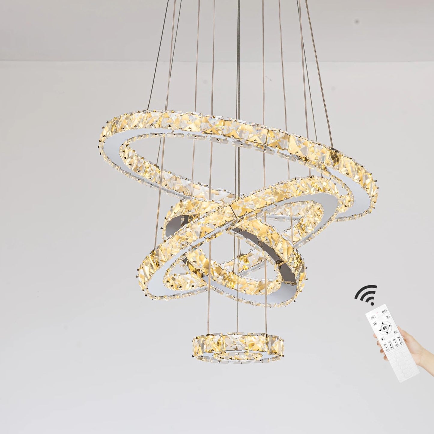 KKMYWAN Modern Crystal Chandelier, Dimmable 4 Rings LED Linear Chandelier Dining Room Light Fixture with Remote for Dining Room, Entryway, Bedroom,Living Room and Foyer Size: Ø5.5+9.4"+13.4"+17.3"