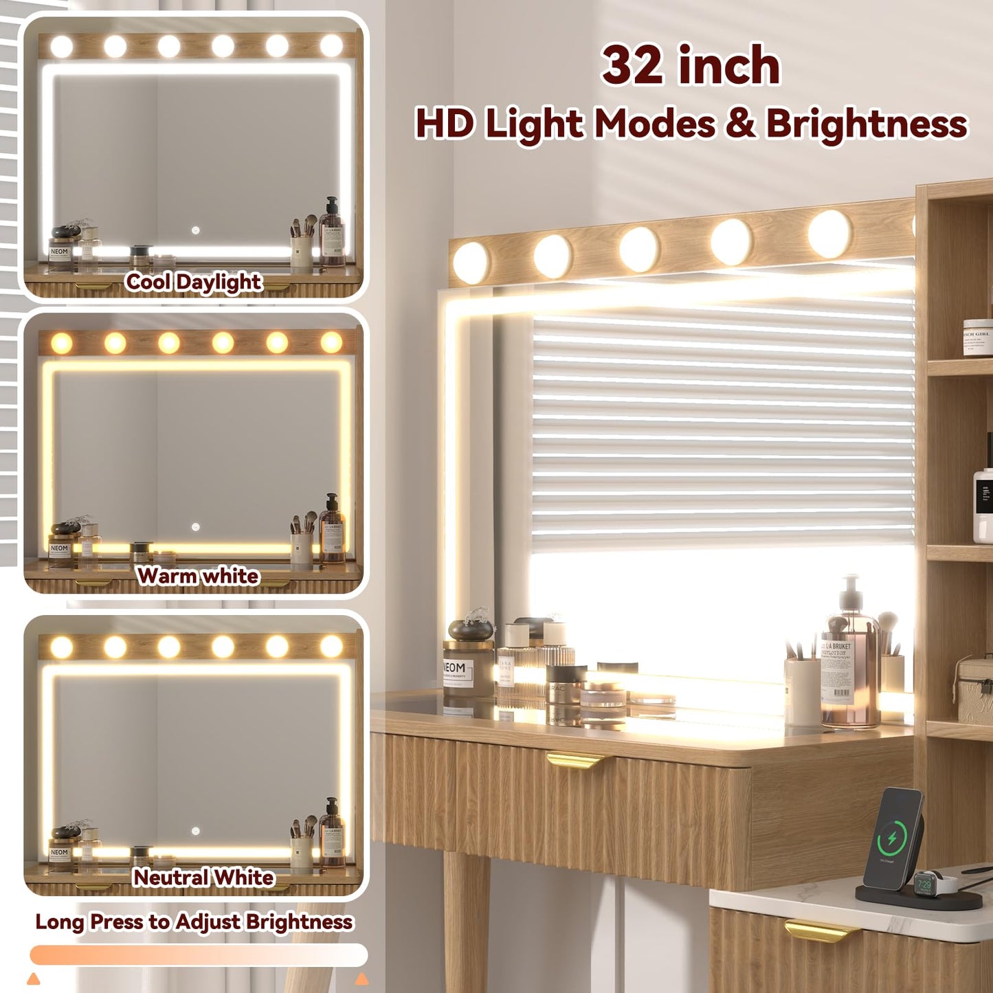 SFDOU 43" Fluted Makeup Vanity Desk with 32" Mirror and Lights, Modern Glass Top Large Vanity Table with 5 Drawers and 3 Storage Shelves, Dressing Table Set with Charging Station for Bedroom-Gray
