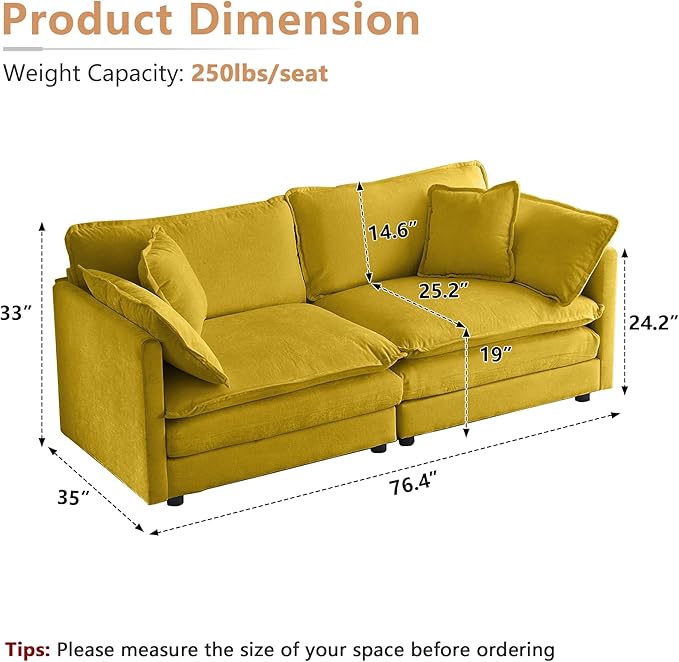 mikibama Luxury Loveseat Sofa Couch, 76" Modern Chenille Deep 2-Seater Cloud Couch with 2 Armrest Pillows and 2 Toss Pillows, Love Seat for Living Room Bedroom Office Apartment, Yellow