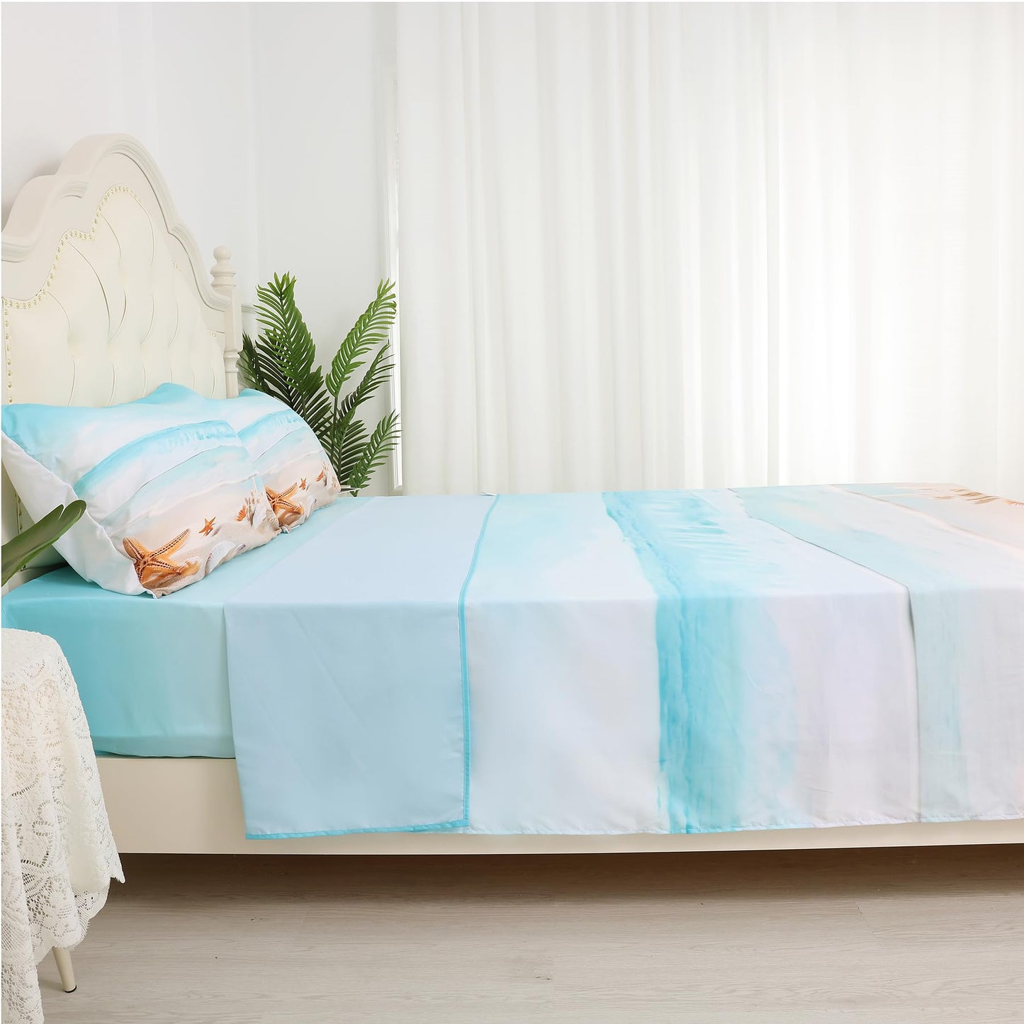 Beach Bed Sheets Set Full Beach Fitted Sheet Blue Coastal Nature Theme Pattern Teal Flat Sheet Girls Women Hawaiian Top Sheet Starfish Sheet Set,1 Flat Sheet 1 Fitted Sheet 2 Pillowcases